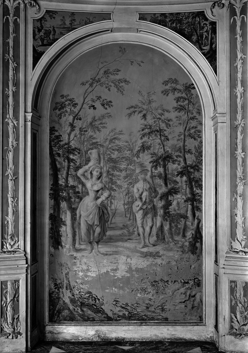 Geisenheim, Ostpavillon des Palais Ostein, Wandfläche an der Südseite des Gartensaals östlich der Tür, Zustand um 1929.