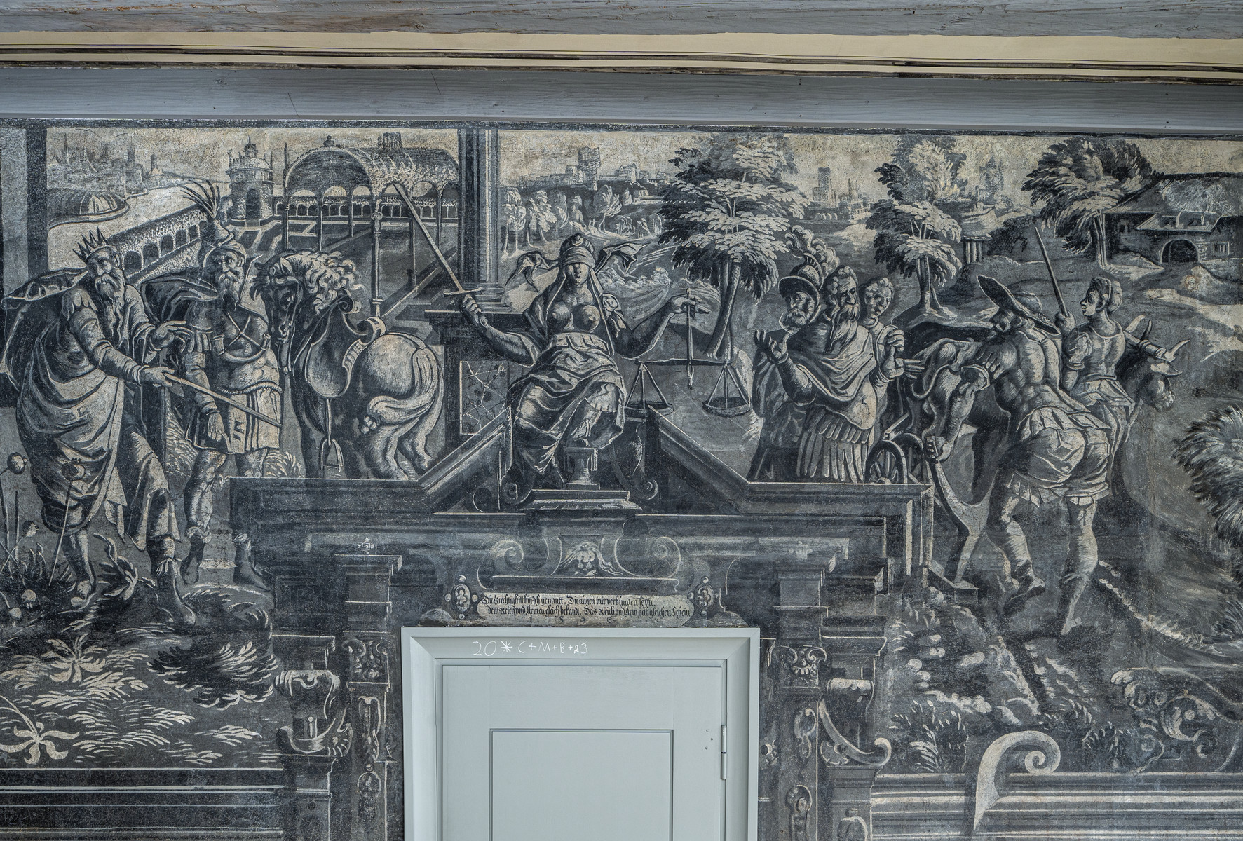 König Lucius Tarquinius mit Bote, Justitia und Berufung des Lucius Quintus Cincinnatus
